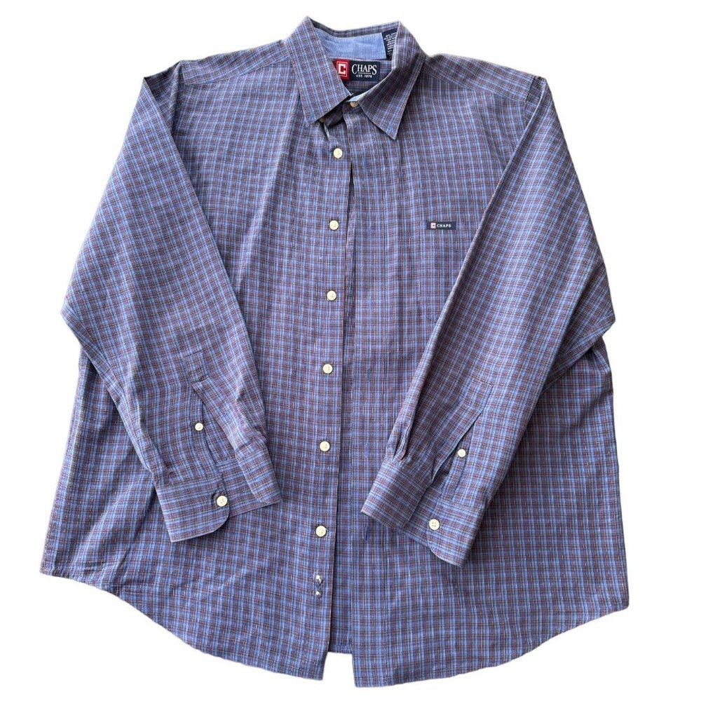 Chaps Mens Large Plaid Button Down Shirt Blue Purple Long‎ Sleeve Easy Care Z1